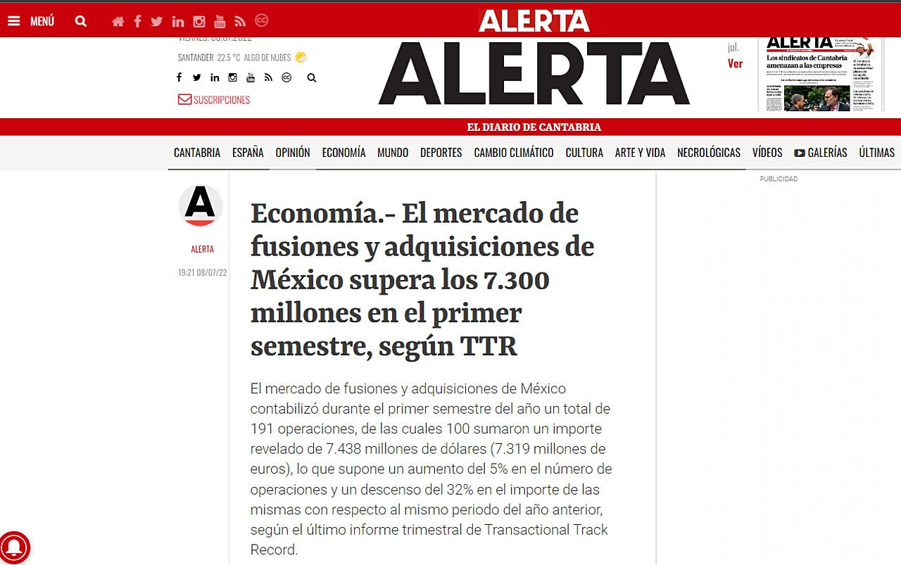 Economa.- El mercado de fusiones y adquisiciones de Mxico supera los 7.300 millones en el primer semestre, segn TTR